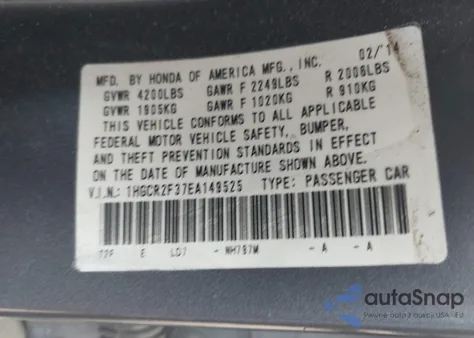 2014 Honda Accord Lx из США, поврежденный, VIN 1HGCR2F37EA149525